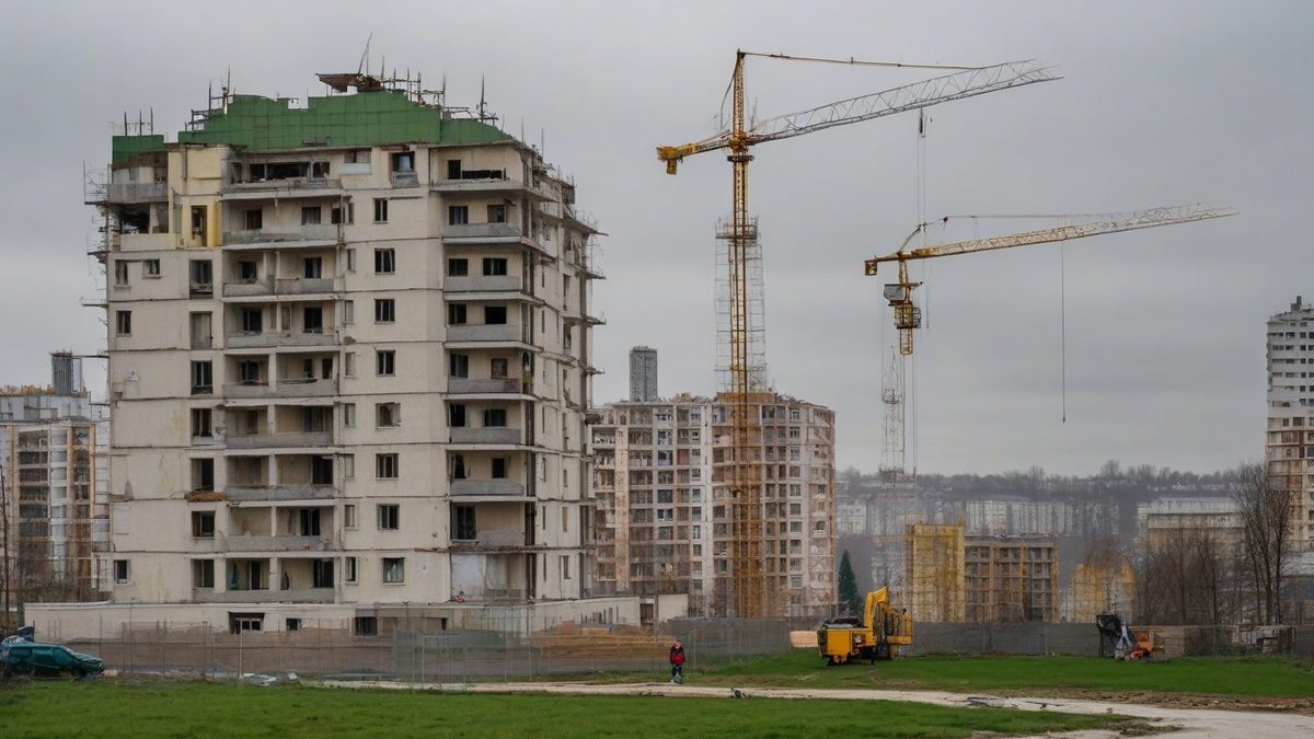 Многоэтажные жилые дома в стройке с башенными кранами